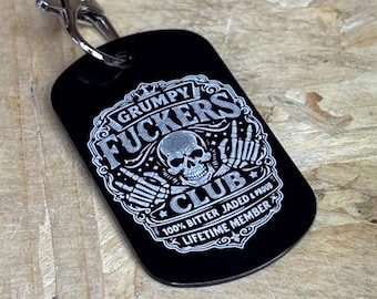 Personalised Grumpy Fuckers Club Engraved Keyring Dad Grandad Father's Day Dog Tag Key Ring