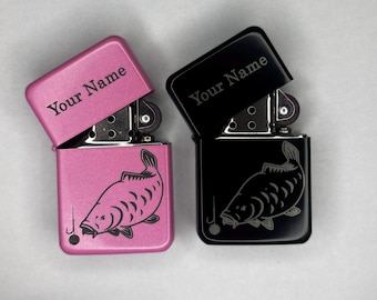 Personalised Fishing Lighter Carp Catfish Tackle Box Weatherproof Windproof Flip Top Angler Fisherman