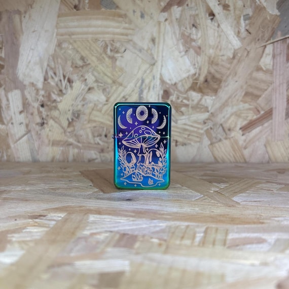 Personalised Mushroom Flip Top Lighter Rainbow Oil Slick Witchy Trippy Psychedelic Hippie Festival Custom Engraved