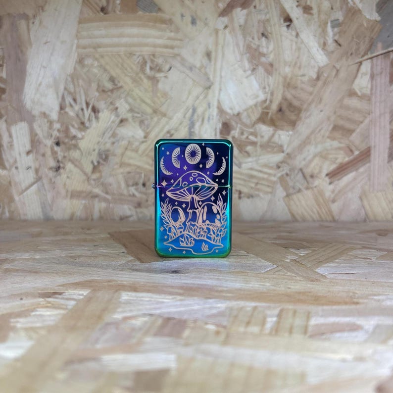 Personalised Mushroom Flip Top Lighter Rainbow Oil Slick Witchy Trippy Psychedelic Hippie Festival Custom Engraved image 1