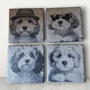 Peut inclure: Ensemble de quatre dessous de verre carrés en ardoise avec des portraits en niveaux de gris d'un chien Cavapoo. Un chien porte un chapeau, un autre des lunettes de soleil. Ces dessous de verre sont décoratifs.