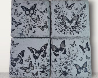 Colección de posavasos de pizarra con diseño de mariposas: juego de 4 o individual