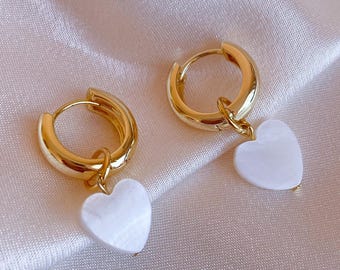 Mother of Pearl Earrings, Heart Drop Earrings Gift, Handmade Jewelry Set, Birthday Gift for Her, Pearl Necklace Bracelet Earrings Set