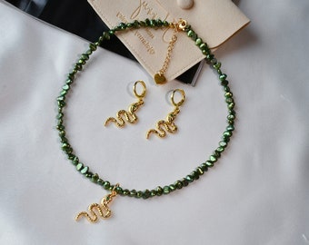 Snake earrings freshwater pearl choker necklace statement earrings snake necklace gold filled earrings fine jewelry set