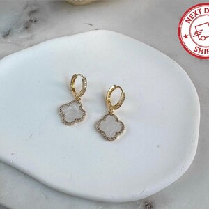 Gold Clover Earrings with Mother of Pearl - Stylish Gift for Mom