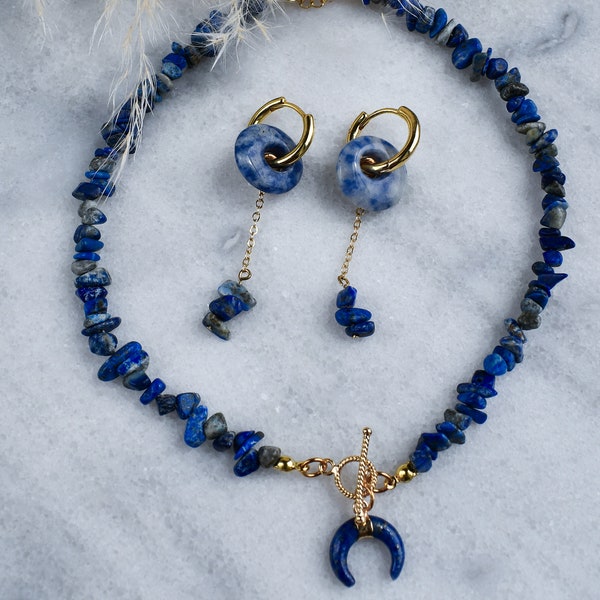 Lapis lazuli necklace blue earrings beaded choker necklace gold filled jewelry set dangle earrings crystal jewelry birthstone necklace