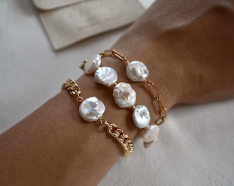 Coin Pearl Bracelet, Gift for Her, Baroque Pearl Bracelet, Freshwater pearl jewelry, Wedding Jewelry, Elegant Pearl Bracelet, Modern Jewelry