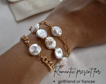 Coin Pearl Bracelet, Gold Bracelet for Her, Paperclip or Cuban Chain, Custom Length Jewelry, Romantic Gift, Handmade Pearl Jewelry