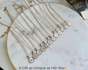 Birthday Gift Zodiac Necklace, Gold Plated Mother of Pearl Pendant, Astrology Jewelry for Women, Horoscope Coin Necklace, Custom Jewelry