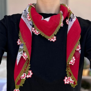 Ruby - Vintage Turkish Yazma Oya Headscarf – Handmade Needle Lace Scarf – Dowry Heirloom from Aegean Region