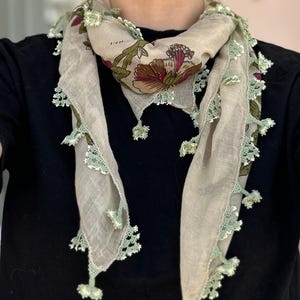 Olive - Vintage Turkish Yazma Oya Headscarf – Handmade Needle Lace Scarf – Dowry Heirloom from Aegean Region