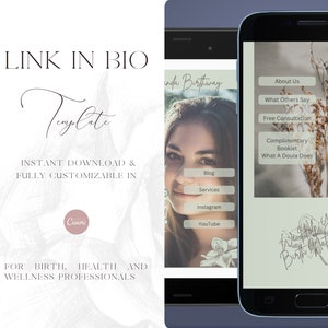 Könnte beinhalten: Ein digitales Handy-Bildschirm-Mockup mit einer Link-in-Bio-Vorlage für Geburtshelfer, Gesundheits- und Wellness-Profis. Die Vorlage enthält Links zu einem Blog, Dienstleistungen, Instagram und YouTube. Der Handy-Bildschirm befindet sich auf einem hellgrünen Hintergrund mit einem floralen Design.