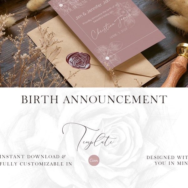 Birth Announcement | Bundle of Joy | New Baby | Newborn | New Parents | Rose-Pink  Announcement Card | Customizable | Editable | Template