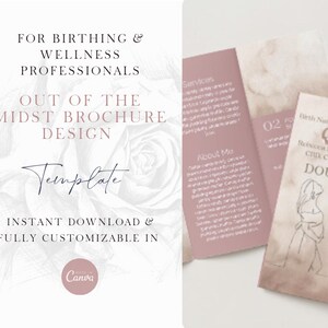 Puede incluir: Una plantilla de folleto de tres pliegues para profesionales del parto y el bienestar. La plantilla presenta un fondo de acuarela con un diseño de rosa y el texto "Out of the Midst Brochure Design Template". El folleto es totalmente personalizable en Canva.