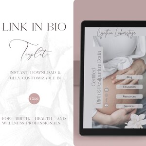 Könnte beinhalten: Ein digitales Mockup einer Link-in-Bio-Vorlage für eine zertifizierte Geburts- und Wochenbett-Doula. Die Vorlage zeigt ein Foto einer schwangeren Frau, die ihren Bauch hält, einen Titel mit der Aufschrift "Zertifizierte Geburts- und Wochenbett-Doula" und eine Liste der angebotenen Dienstleistungen, darunter Blog, Bildung, Ressourcen und Dienstleistungen.