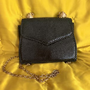 Vintage 80s Black Faux Snakeskin Crossbody Bag -  Figural Gold Tiger Heads & Gold Chain with Claw Feet - Luxury Statement Evening Purse