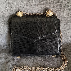 Vintage 80s Black Faux Snakeskin Crossbody Bag -  Figural Gold Tiger Heads & Gold Chain with Claw Feet - Luxury Statement Evening Purse