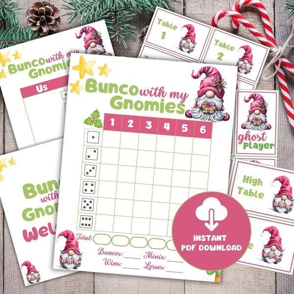 Bunco Score Cards Printable, Christmas Family Party Game, Bunco Game Night, Winter Theme, Tally Sheet, Printable Dice Game, Holiday Gnome