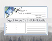 Editable Digital Recipe Card 4x6 Blue Floral Theme Fully Editable Template Blank Recipe Cards Download Recipe Cards For Print