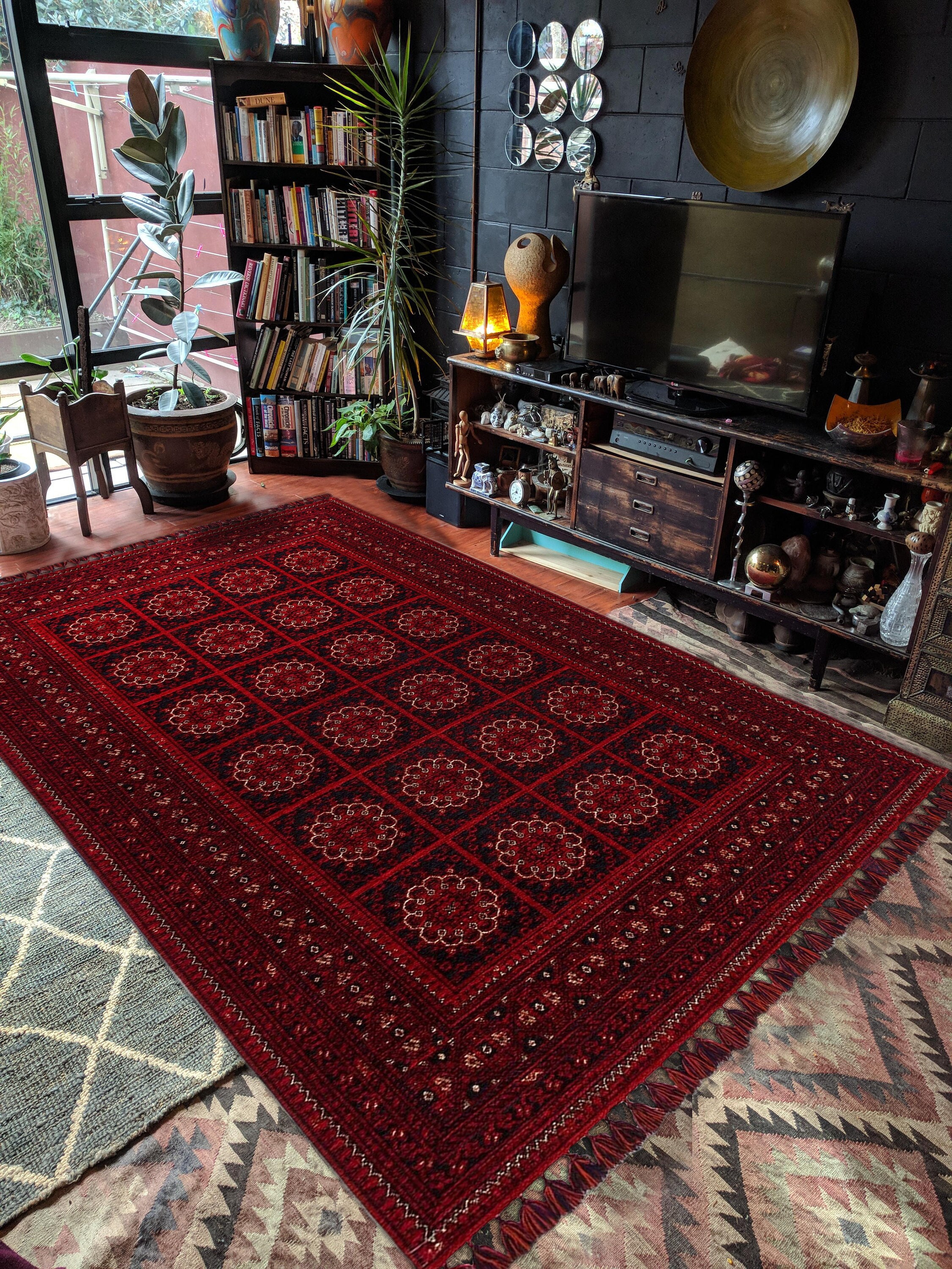 Majestic Afgan Burgundy Rug, Ethnic Pattern Bokhara, Timeless Tradition, Washable Living Room, Bohemian Rug, 9x12 rug