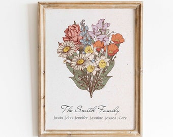 Bouquet de fleurs de naissance personnalisé, art mural imprimable, cadeau personnalisé pour maman, cadeau de Noël imprimé floral antique, téléchargement numérique