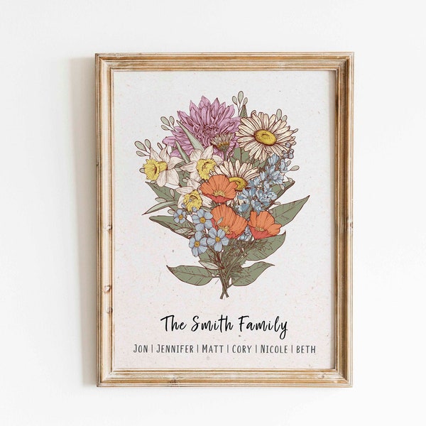 Mothers Day Gift Custom Birth Flower Family Bouquet Print Personalized Great Grandma Gift for Moms Birthday Watercolor Birth Month Flower