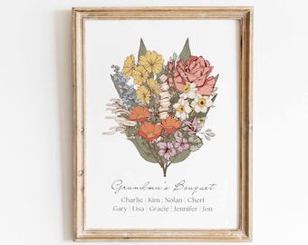 Impression personnalisée de bouquet de fleurs de naissance, cadeau de Noël personnalisé pour femme, cadeau d'anniversaire unique, aquarelle de fleurs, cadeau imprimable d'art