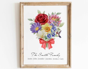 Cadeau de Noël personnalisé fleur de naissance bouquet de famille impression d'art mural cadeau grand-mère personnalisé aquarelle fleur du mois de naissance téléchargement numérique