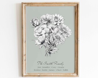 Bouquet de famille de fleurs de naissance personnalisé Cadeau de Noël personnalisé pour maman anniversaire mois de naissance fleur dessin au trait anniversaire grand-mère cadeau imprimable