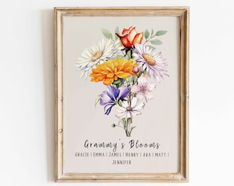 Bouquet de famille de fleurs de naissance personnalisé impression cadeau de Noël personnalisé aquarelle fleurs du mois de naissance impression d'art photo cadeau téléchargement numérique