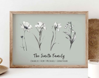 Fleur de naissance personnalisée jardin familial cadeau fleur de naissance cadeau avec impression nom fleurs mois de naissance fleurs imprimable art déco floral