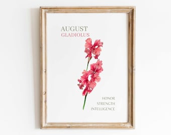 August Birth Month Flower Gladiolus Watercolor Wall Art Print Floral Minimalist Artwork Birth Flower Meaning Birthday Gift Digital Download