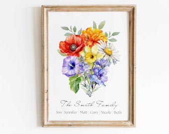 Bouquet de fleurs de naissance personnalisé cadeau de Noël personnalisé cadeau grand-mère aquarelle mois de naissance fleur photo imprimable cadeau téléchargement numérique