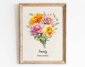 Cadeau de Noël personnalisé Naissance en famille Bouquet de fleurs Impression personnalisée Cadeau arrière grand-mère Fleurs du mois de naissance aquarelle Téléchargement numérique