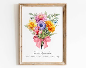 Bouquet de famille de fleurs de naissance personnalisé impression cadeau de Noël personnalisé aquarelle mois de naissance fleurs Art cadeau imprimable téléchargement numérique