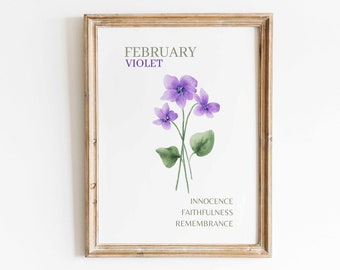 Lámina decorativa de pared en acuarela con la flor violeta del mes de febrero, obra de arte floral minimalista, significado de la flor de nacimiento, regalo de cumpleaños, descarga digital