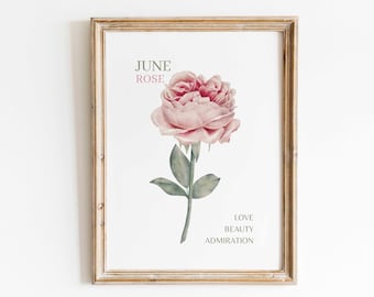 Pink Rose Watercolor Wall Art Print June Birth Month Flower Meaning Minimalist Floral Artwork Birthday Gift Printable Wall Art
