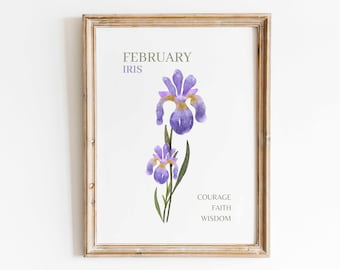 Fioletowy irys akwarelowy wydruk ścienny, miesiąc urodzenia, znaczenie kwiatu, minimalistyczny kwiatowy wzór, prezent urodzinowy, wydruk ścienny