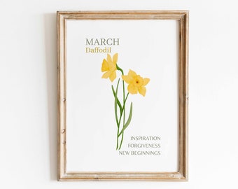 Impressão de arte de parede em aquarela de narciso amarelo, mês de nascimento de março, significado da flor, arte floral minimalista, presente de aniversário, arte de parede para impressão