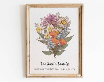Cadeau de Noël personnalisé fleur de naissance bouquet de famille impression cadeau arrière grand-mère personnalisé aquarelle fleur du mois de naissance cadeau imprimable