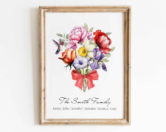 Cadeau de Noël personnalisé Aquarelle de fleurs de naissance personnalisée Bouquet de famille Art mural imprimable Cadeau photo arrière-grand-mère en téléchargement numérique