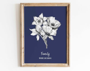 Bouquet de fleurs de naissance personnalisé, art mural, cadeau d'anniversaire avec nom, cadeau de Noël personnalisé pour maman, dessin au trait fleur de naissance, cadeau imprimable