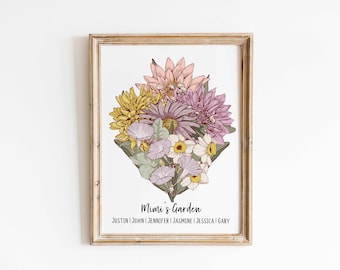Bouquet de famille de fleurs de naissance personnalisé impression cadeau de Noël personnalisé aquarelle mois de naissance fleur image imprimable cadeau téléchargement numérique