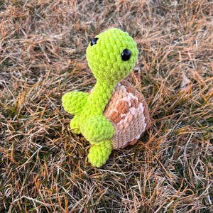 May include: A handmade crochet turtle toy. The turtle has a light green head, legs, and arms, with black safety eyes. The shell is a mix of brown and tan. The turtle is sitting on a bed of dry grass.