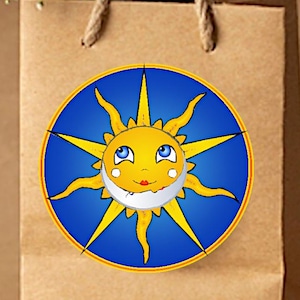 May include: A small brown paper gift bag with a cartoon sun graphic on the front. The bag has rope handles and is filled with a bouquet of yellow, orange, and white flowers. The bag is held by a person.