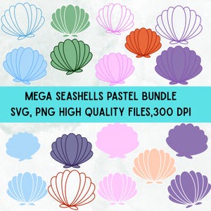 Könnte beinhalten: Eine Sammlung von Muscheldesign in verschiedenen Pastellfarben, darunter Blau, Grün, Rosa, Orange und Lila. Der Text "MEGA SEASHELLS PASTEL BUNDLE SVG, PNG HIGH QUALITY FILES, 300 DPI" ist ebenfalls enthalten.