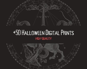 Può includere: Un'illustrazione in bianco e nero di una mappa celeste con una bussola al centro. La bussola punta alle parole "HIGH-QUALITY" e il testo "+50 HALLOWEEN DIGITAL PRINTS" si trova sotto la bussola.