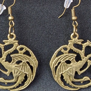 Antique Brass Gold Three Headed Dragon Earrings - Hypoallergenic
