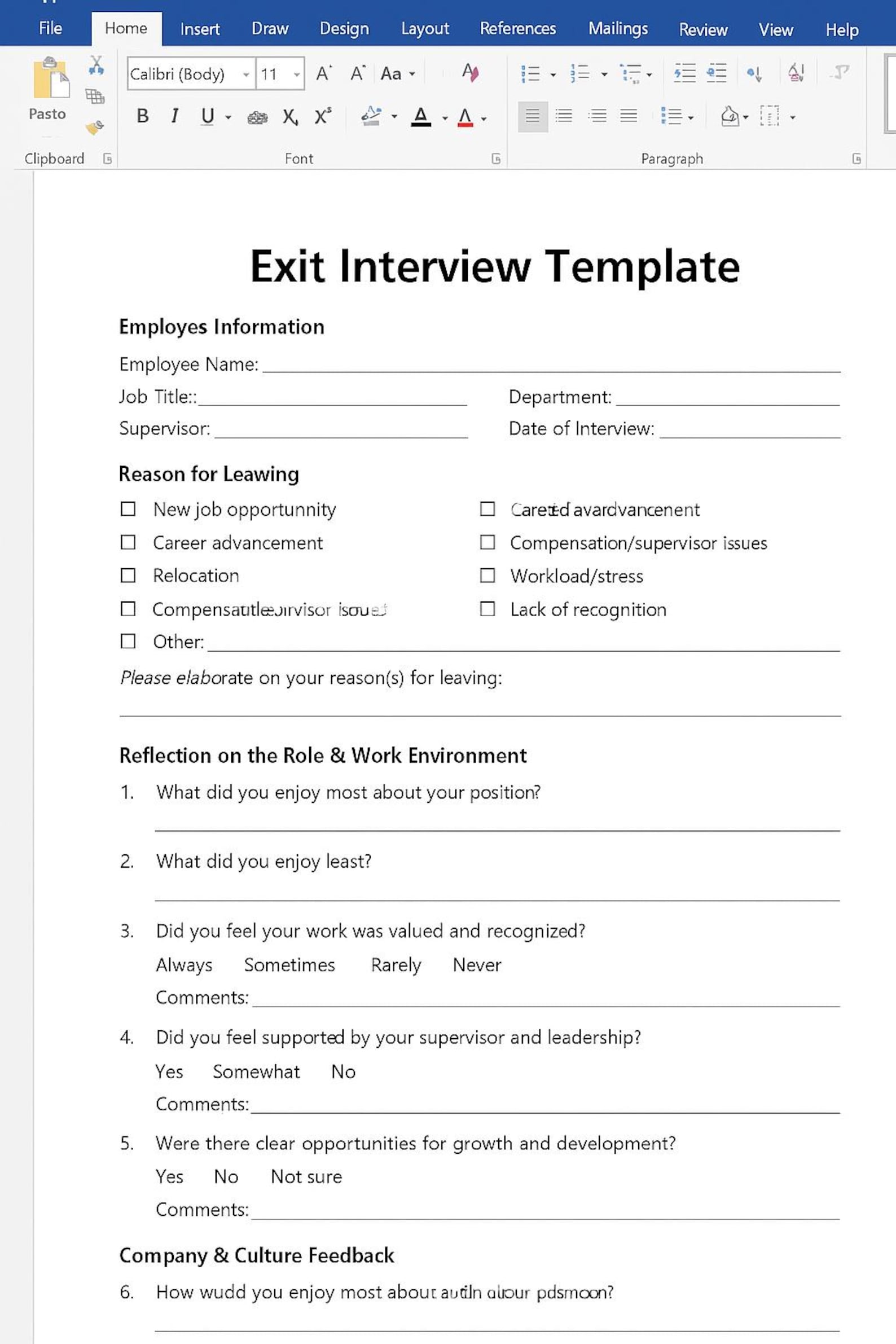 Editable Exit Interview Template: HR Feedback Form (PDF & Word) - Etsy