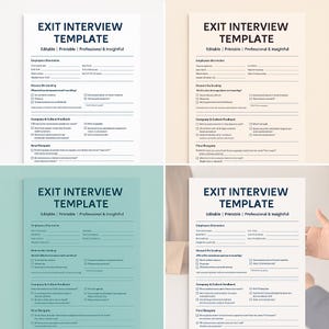 Puede incluir: Cuatro plantillas de entrevista de salida imprimibles con un esquema de color azul verdoso y blanco. Las plantillas incluyen secciones para la información del empleado, las razones para dejar el puesto, la retroalimentación sobre la empresa y la cultura, y los pensamientos finales. El texto "Plantilla de entrevista de salida" está en la parte superior de cada plantilla.